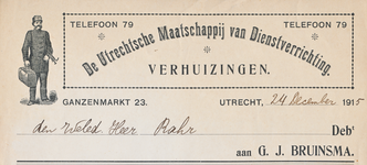 710759 Kop van een nota van G.J. Bruinsma,Verhuizingen, Ganzenmarkt 23 te Utrecht. Met een litho van een werknemer van ...